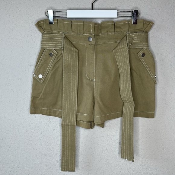 River Island 100% Cotton Khaki Green High Rise Paper Bag Belted Shorts Size US 6 - Picture 2 of 13